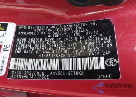 2012 Toyota Camry Le z USA, uszkodzony, nr VIN 4T4BF1FKXCR191253
